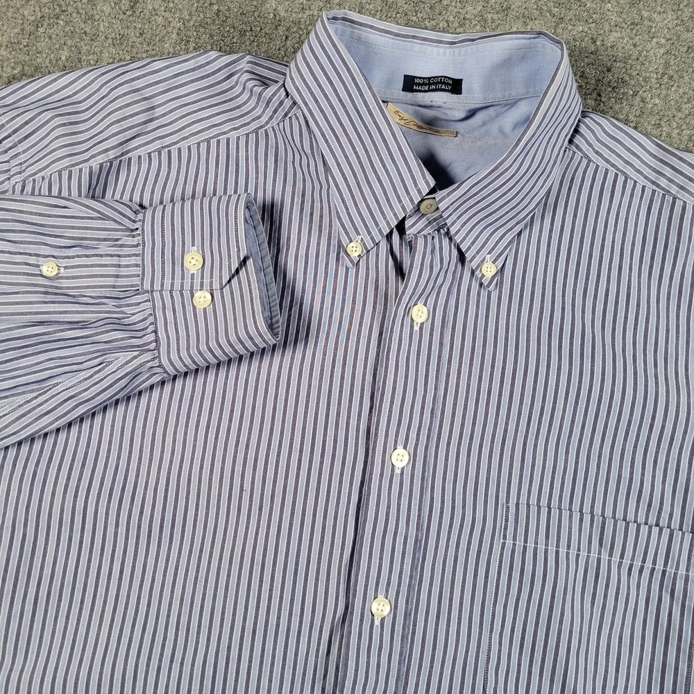 Made In Italy Shirt Mens Large Blue White Stripe Button Down Dress 100% Cotton